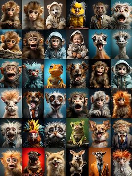 Collage van afbeeldingen met grappige kleine dieren. Geschikt voor een babykamer. van Luc de Zeeuw