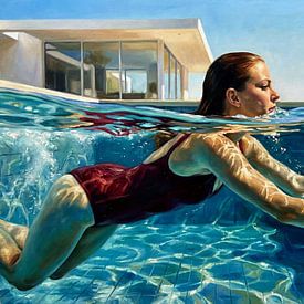 Sierlijke zwemmer in levendig zwembad van Jan Keteleer