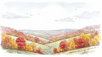 Watercolor Landscape of Autumn Hills with Road and Clouds by Markus Gann