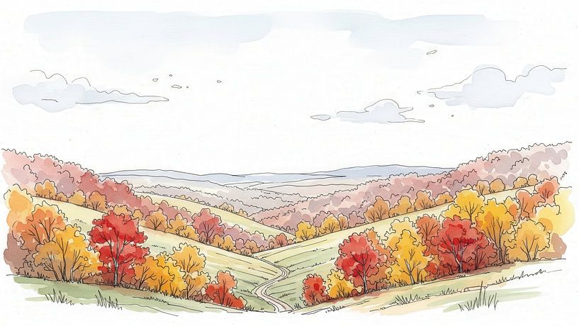 Aquarelllandschaft mit Herbsthügeln, Straße und Wolken von Markus Gann