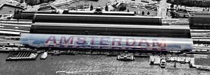Aerial view panorama Amsterdam Central black and white