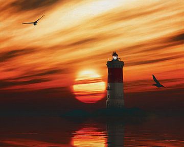 Pierre Noires Lighthouse with a sunset and Stretched Stratus clouds