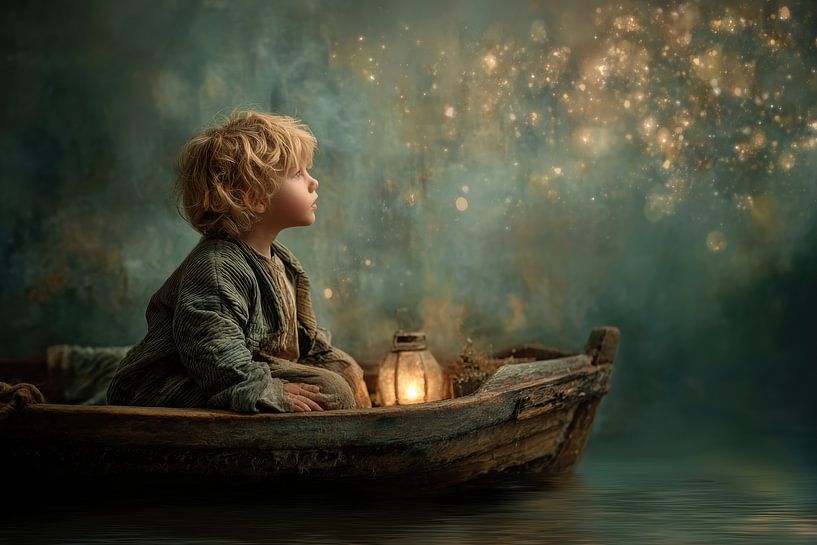 Kind in einem Boot unter den Sternen - Dreamy Painting von Peter Pen Zeichnungen und Gemälde
