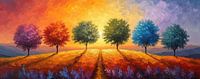 Six Trees - Abstract Kleurrijk Landschap