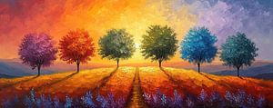 Six Trees - Abstract Kleurrijk Landschap