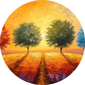 Six Trees - Abstract Kleurrijk Landschap van Kunst Kriebels