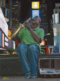 Saxophonist in New York painting by Toon Nagtegaal