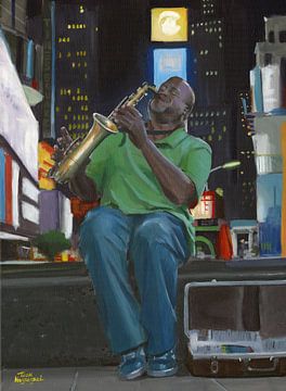 Saxofonist in New York. Schilderij door Toon Nagtegaal