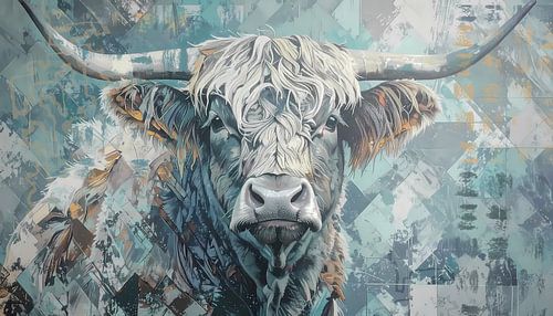 Stoere hooglander stier in blauw groen tint