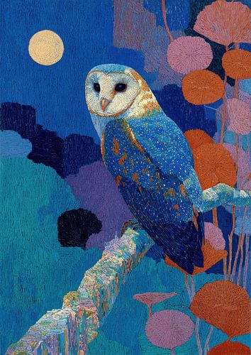 Blauwe uil bij maanlicht