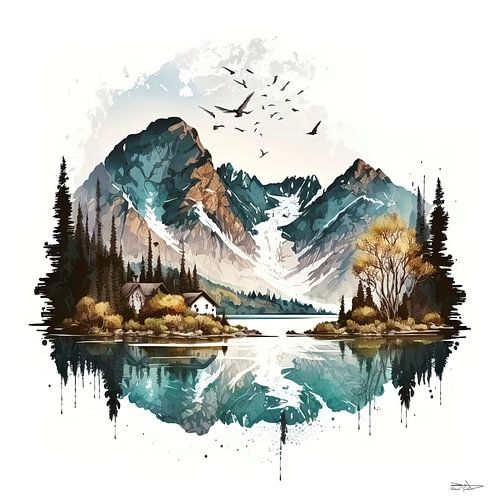 aquarel van een landschap.