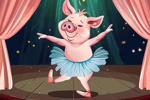 Vrolijk dansend varken in tutu op podium