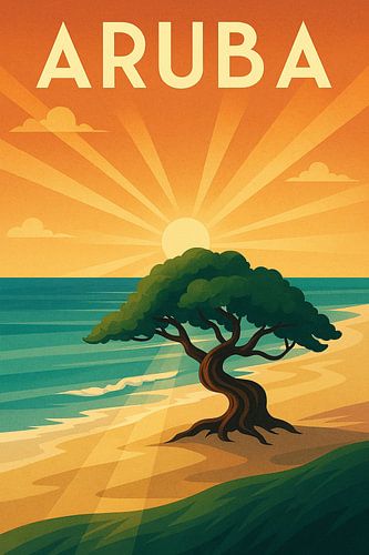 Aruba Zonsondergang Poster - Vintage Beach Art Print