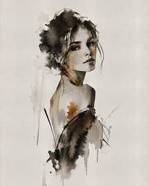 Ink Muse XX Abstraktes Frauenporträt in ostindischer Tinte und Aquarell