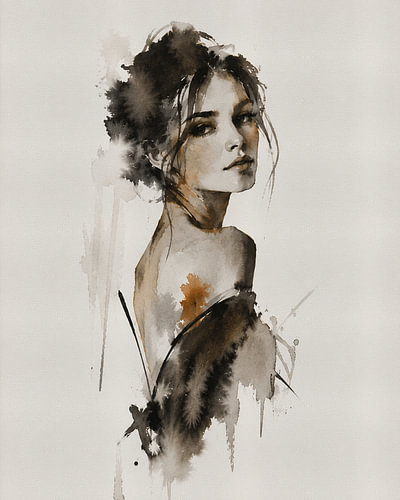 Ink Muse XX Abstract portrait of a woman in Indian ink and watercolour