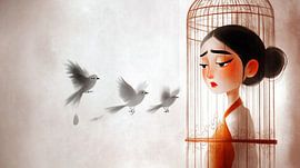 Vrouw in een vogelkooi van Frank Heinz