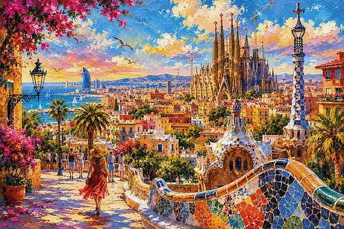 A painting of a sunny summer’s day in Barcelona – a beautiful city in Spain.