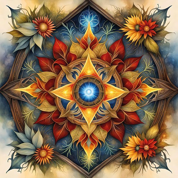 Spirituelle Mandala-Symbolik in Orange, Gelb und Rot von Betty Maria Digital Art