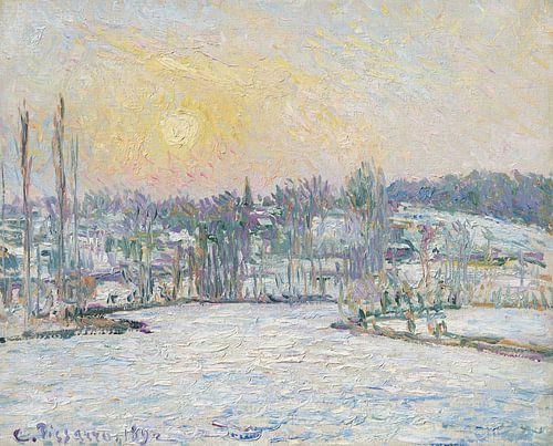 Uitzicht op Bazincourt, sneeuweffect, zonsondergang, Camille Pissarro