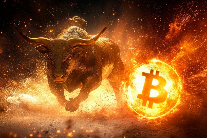 Bulle und Bitcoin in Flammen – Dynamisch von Poster Art Shop