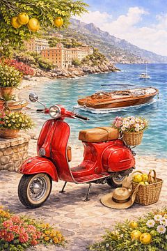 Rode scooter in Vespa-stijl op de weg langs de kust van Amalfi