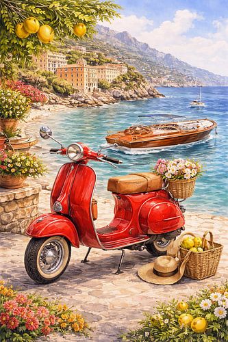 Red Vespa Style Scooter on Amalfi Coast Road