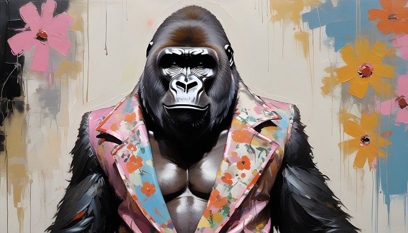 Funky 70s popart Gorilla mit Blumen von Wolfsee