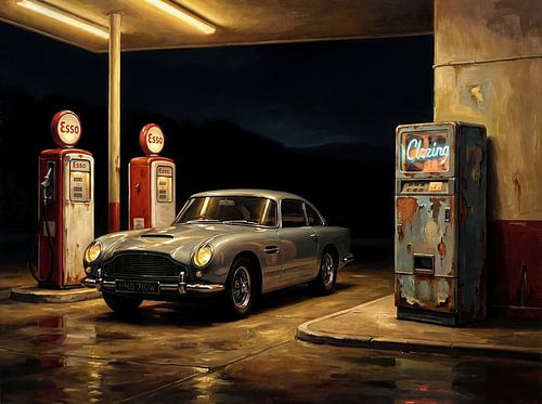 Nighttime Gas Station with Aston Martin DB5