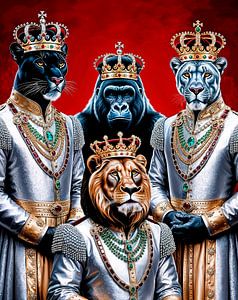Quatre rois : panthère noire - gorille - panthère blanche - lion