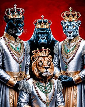 Vier koningen: zwarte panter - gorilla - witte panter - leeuw van Liona Toussaint