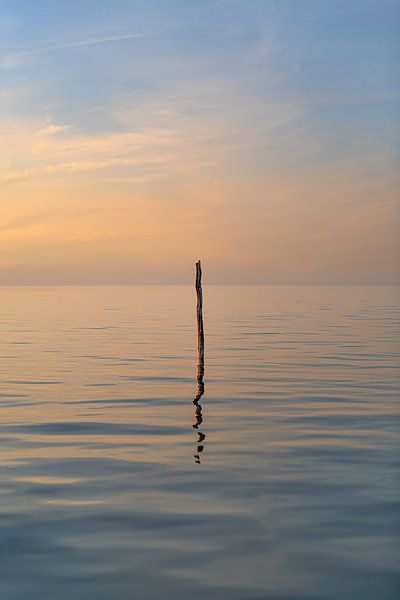 Mast eines Fischernetzes im IJsselmeer in der Farbe des Sonnenuntergangs von Harrie Muis