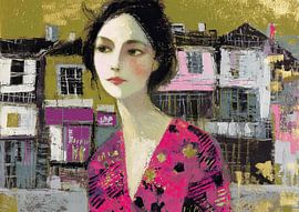 Japanese Woman Painting | Dreamlike City Woman by Abstract Painting