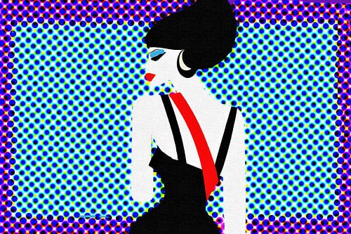Blauw paars popart portret dame met zwart haar