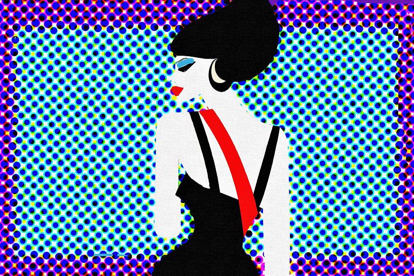 Blauw paars popart portret dame met zwart haar van Maud De Vries