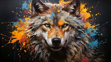 Peinture d'un visage de loup avec des éclaboussures de peinture colorée sur Animaflora PicsStock