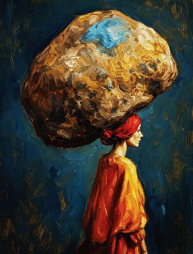 Lastdrager - Symbolische vrouw met kei Olieverfschilderij