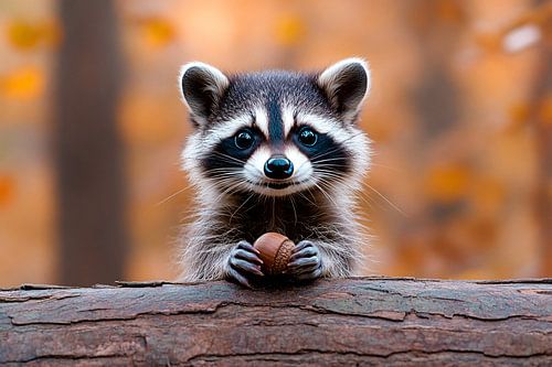 Mignon raton laveur à l'ombre de l'automne