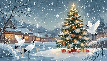 Drie Kraanvogels bij de Kerstboom