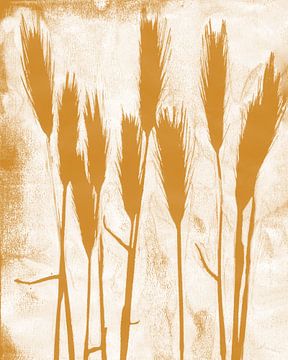 Grassprieten in okergeel op wit. Botanische monoprint van Dina Dankers