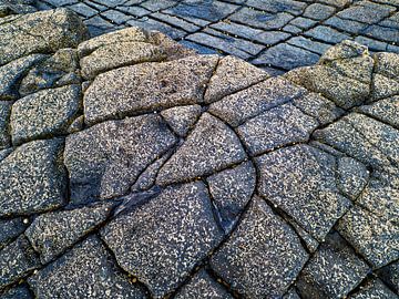 Kalksteen rotsbodem met geometrische scheuren bij Downpatrick Head van Luc de Zeeuw