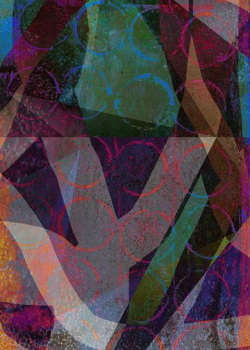 Abstract modern schilderij. Organische vormen in groen, rood, paars en blauw