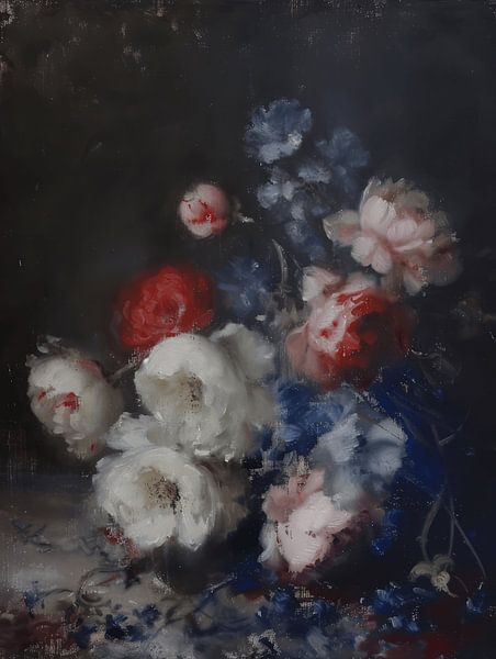 Classic Still Life with flowers in red, white and blue by Carla Van Iersel