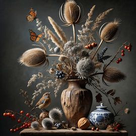 Blauwe Bezoekers – Delfts blauwe pot met vogel en vlinders van Kleurenrijk