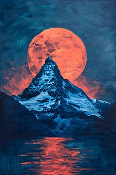 Surreal mountain landscape with fiery moon by Art & Soul Creations