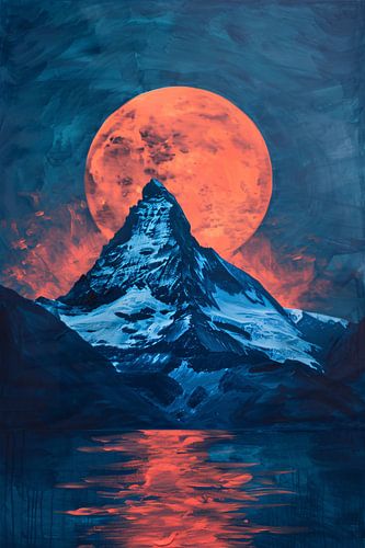 Surrealistisch berglandschap met vurige maan