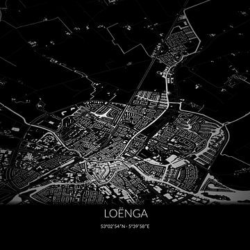 Zwart-witte landkaart van Loënga, Fryslan. van Rezona