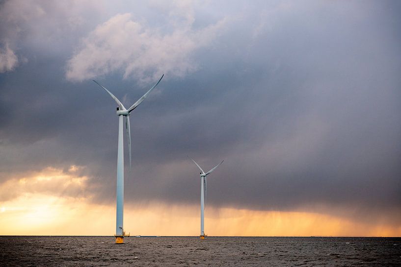 Wind turbines in an offshore wind park during sunset by Sjoerd van der Wal Photography