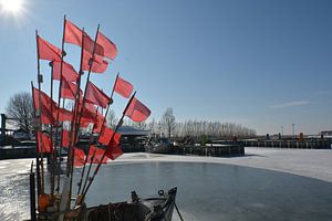 rote Fahnen auf dem Fischerboot, Hafen Thiessow