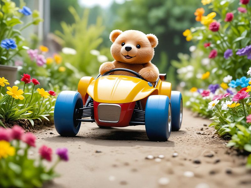 Cute toy bear having fun in a racing car in the spring garden by Markus Gann