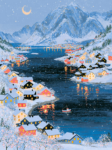 Die Berge schlafen im Schnee – Fjord als Natur-Illustration